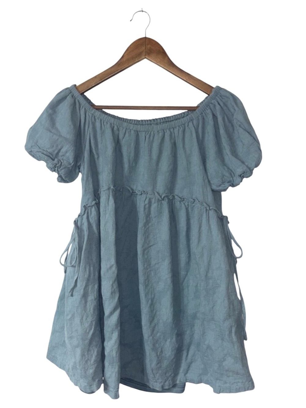 &Merci Slate Blue Off-Shoulder Mini Dress Babydoll Short Sleeve Girly Size Small